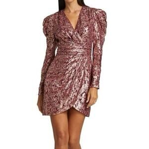 Jonathan Simkhai Metallic Silk Jacquard Puff-Sleeve Dress 6 Mini Pink Gold Party